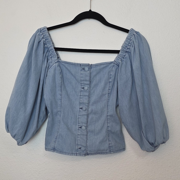 H&M Blue Chambray Denim Puff Sleeve Button Down Crop Top Boho Festival Size XS - Picture 1 of 8